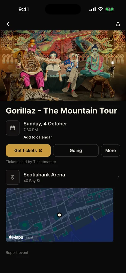 An event page: date, venue, tickets, Going and Interested