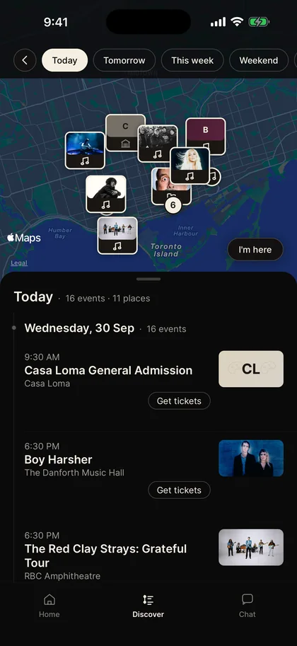Tonight's events as pins on a map of Toronto